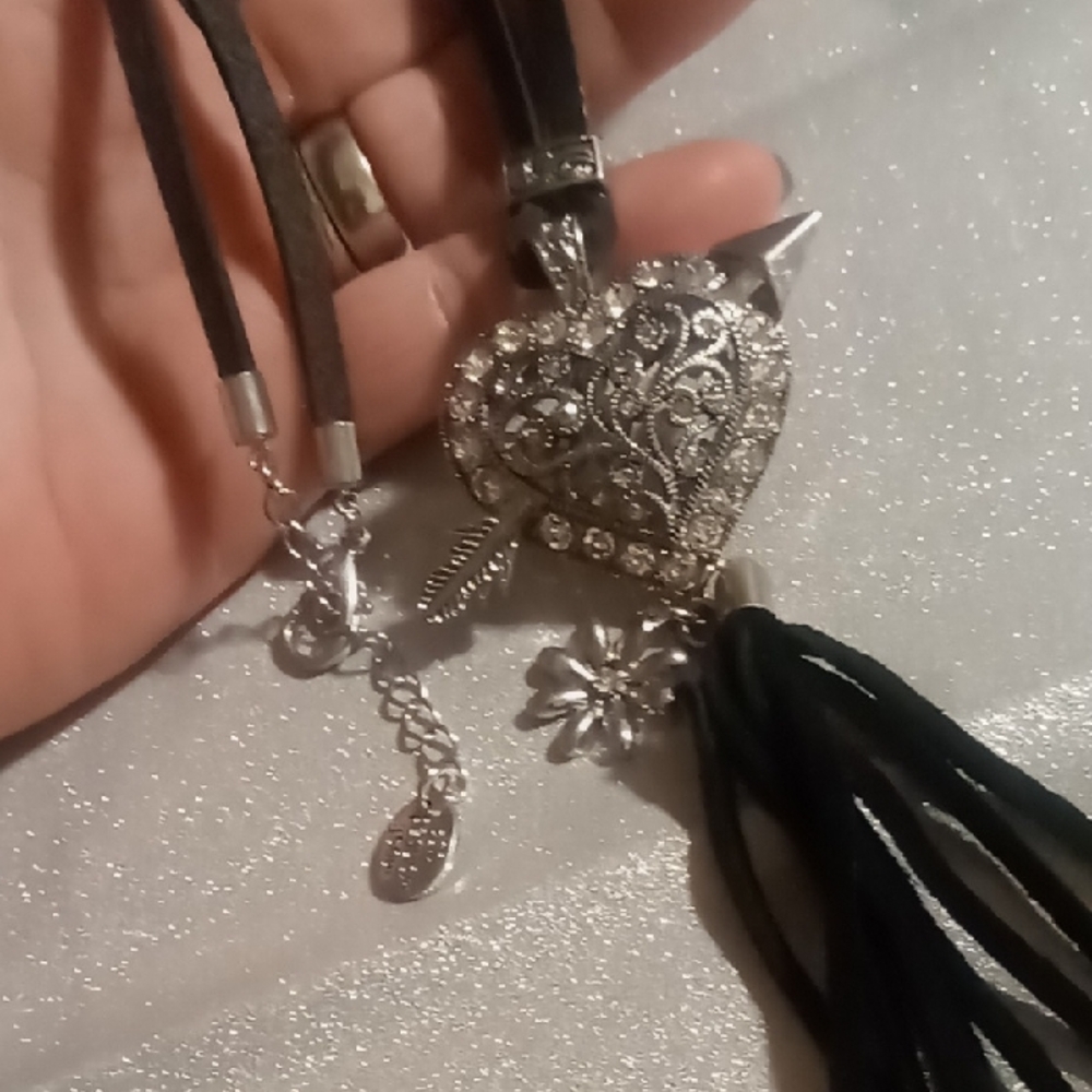Most Wanted Silver Heart Pendant Necklace with Black Leather With Tassel